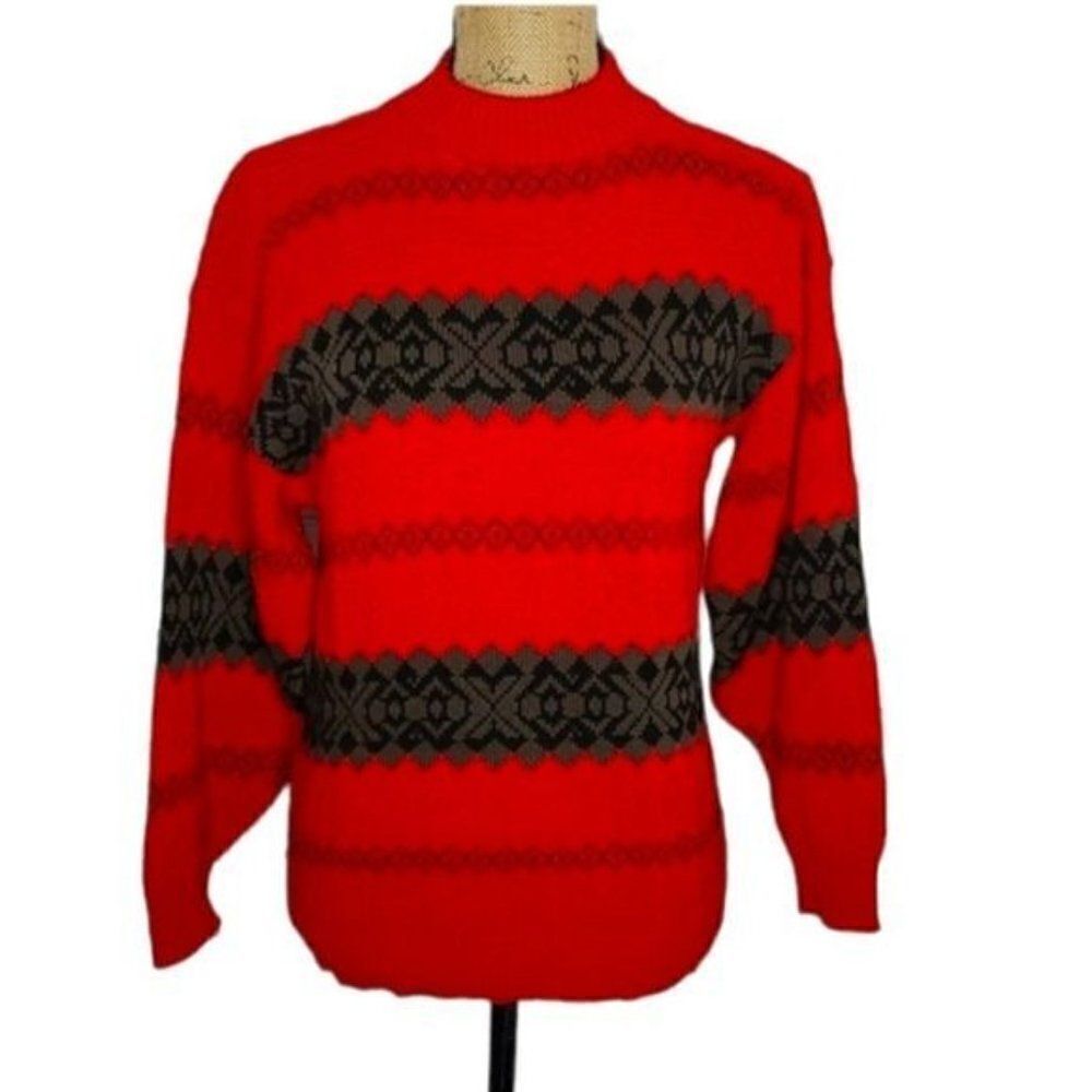 Vintage 80s 90s Red Black Knit Boyfriend Sweater